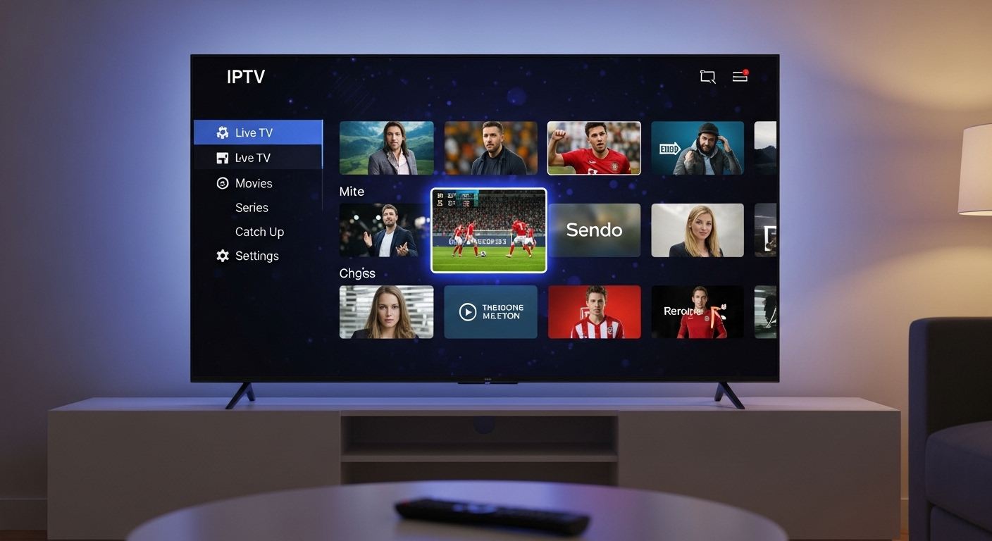 cute flat illustration of a retro TV with antennas in blue and purple colors, yellow sound waves coming out of the TV, clean gradient background in soft green and blue, small “LIVE NEWS” label with French flag, big bold text “FRANCE IPTV” in playful handwritten font, pastel colors, modern cartoon style, simple shapes, high-quality vector style, minimalistic, bright and friendly aesthetic