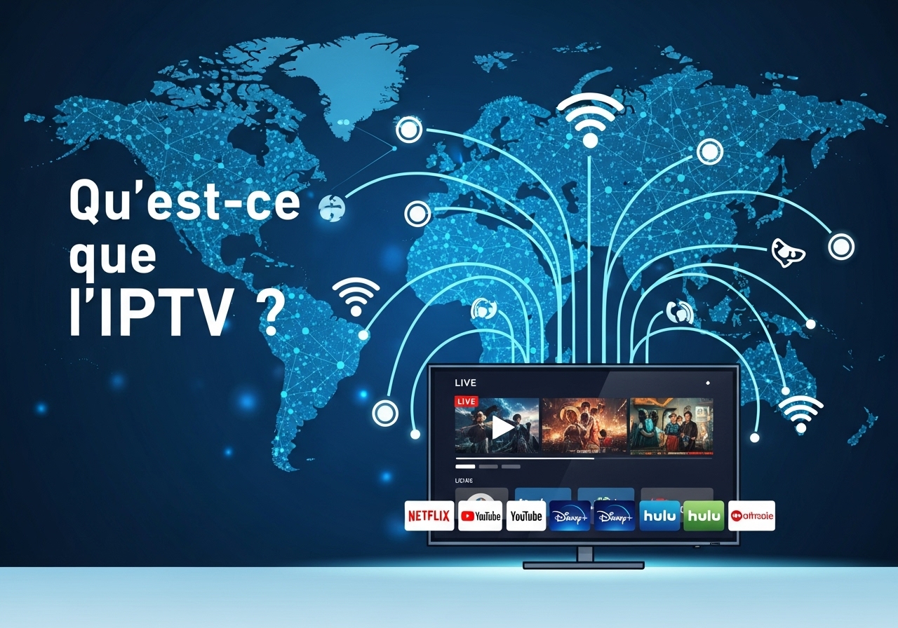 Illustration d’un téléviseur connecté affichant des services de streaming (Netflix, YouTube, Disney+, Hulu) avec une carte du monde numérique et le texte “Qu’est-ce que l’IPTV ?”.